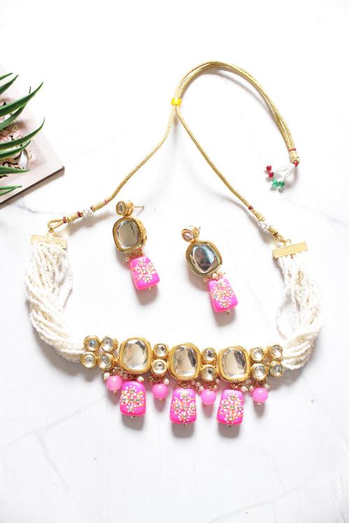 Gold Toned Kundan Work and Pink Hand Painted Acrylic Beads Braided Beads Choker Necklace Set