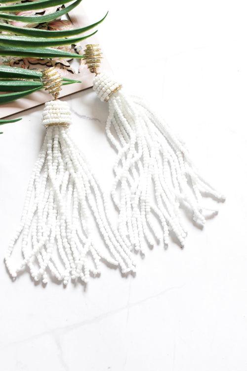 White Acrylic Beads Strings Dangler Earrings