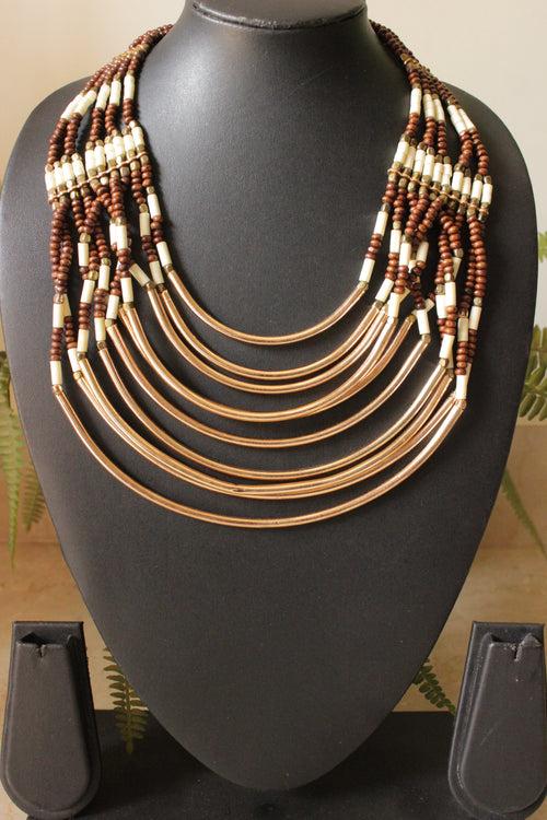 Ivory and Brown Wooden Beads and Copper Finish Semi-Circular Metal Accents Handmade Necklace