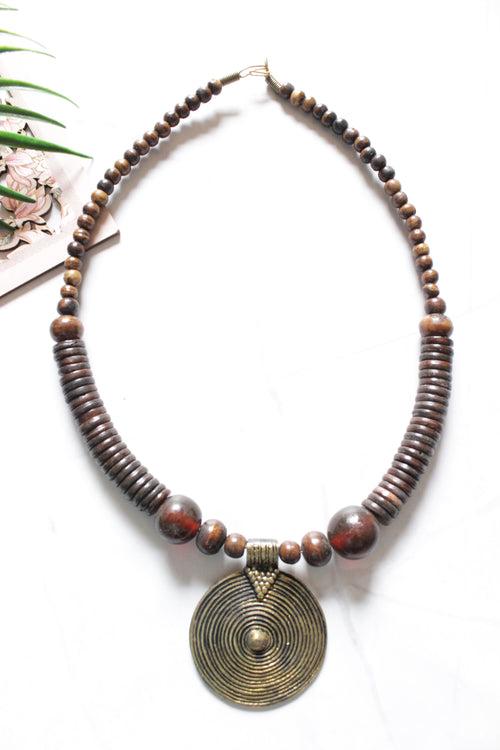 Bronze Finish Circular Pendant and Wooden Beads Necklace