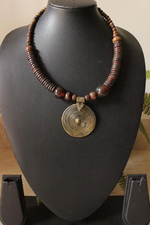 Bronze Finish Circular Pendant and Wooden Beads Necklace