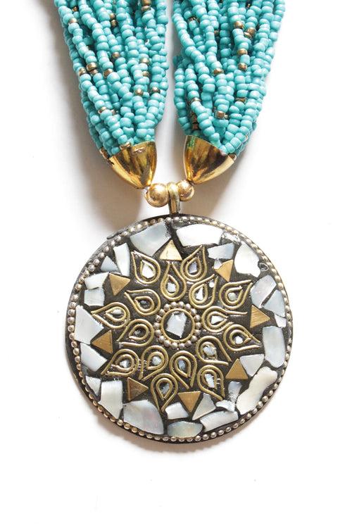 Tibetan Pendant Blue Beads Hand Braided Multi-Layer Necklace