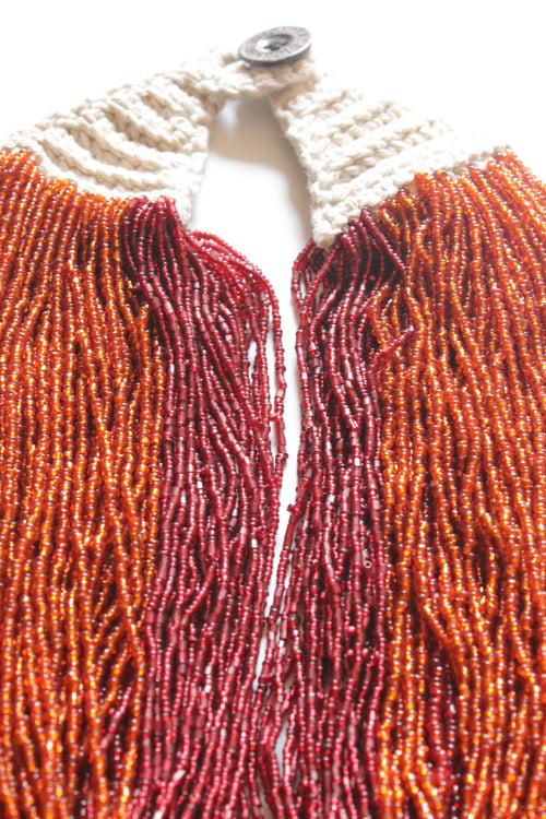 Orange and Maroon Multi-Layer Hand Braided Necklace with Button Closure