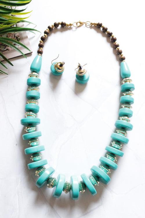 Blue Acrylic Beads Gold Metal Accents Necklace Set