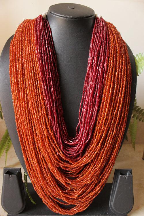 Orange and Maroon Multi-Layer Hand Braided Necklace with Button Closure