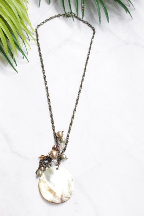 Circular Ivory Ceramic Pendant Long Chain Necklace