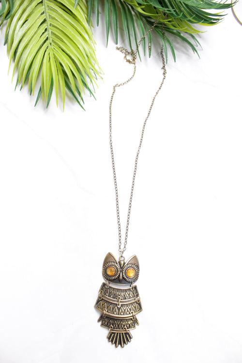 Bronze Finish Owl Pendant Long Chain Necklace