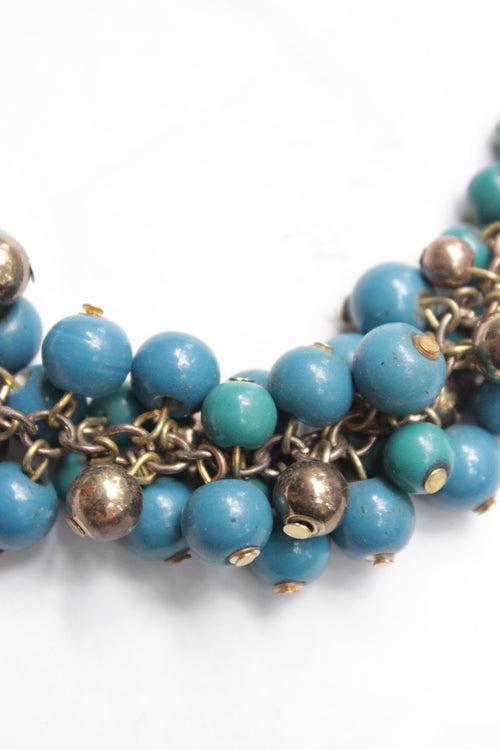 Bronze Metal Beads and Blue Wooden Beads Handmade Necklace