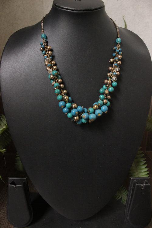 Bronze Metal Beads and Blue Wooden Beads Handmade Necklace