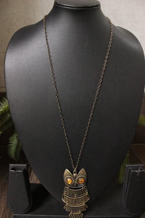 Bronze Finish Owl Pendant Long Chain Necklace