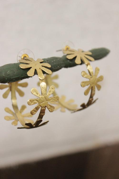 Gold Toned Flower Shaped Circular Dangler Earrings