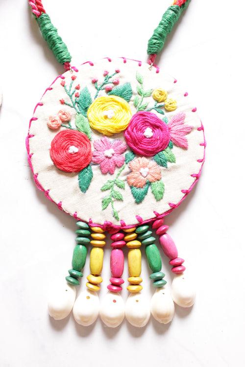 Hand Stitched Flowers Vibrant Handmade Fabric Necklace Set with Multi-Color Wooden Beads with Adjustable Closure