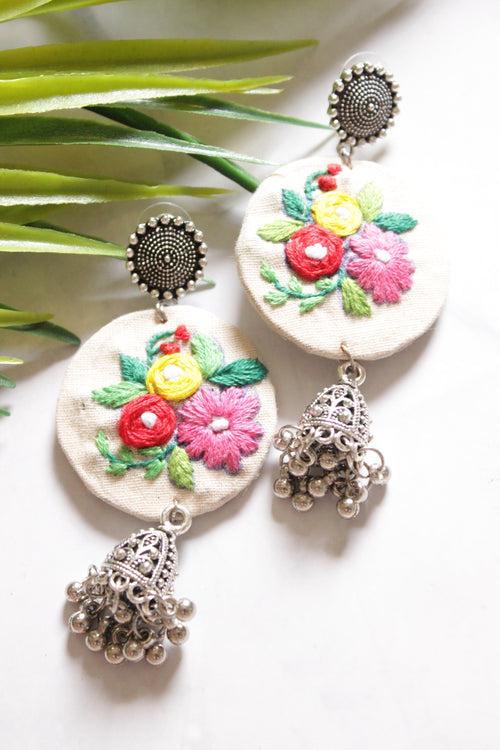 Hand Stitched Flowers Vibrant Handmade Fabric Necklace Set with Multi-Color Wooden Beads with Adjustable Closure