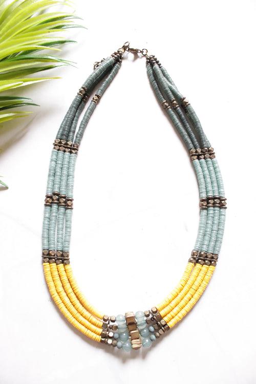 Yellow and Grey Braided Fabric Threads Necklace Embellished with Metal and Glass Beads