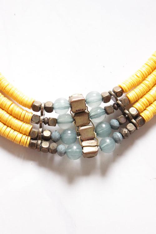 Yellow and Grey Braided Fabric Threads Necklace Embellished with Metal and Glass Beads