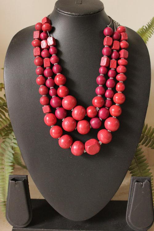 Red Wooden Beads 3 Layer Chain Closure Necklace