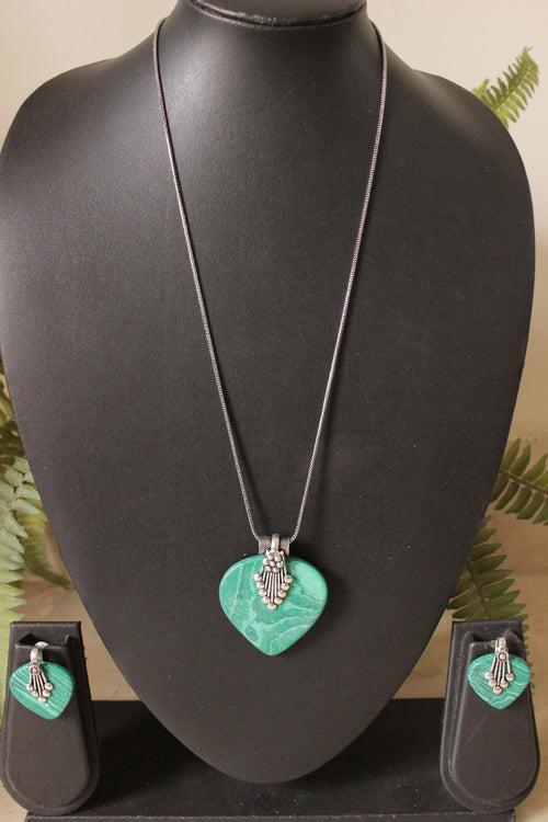 Oxidised Chain Necklace Set with Sea Green Pendant