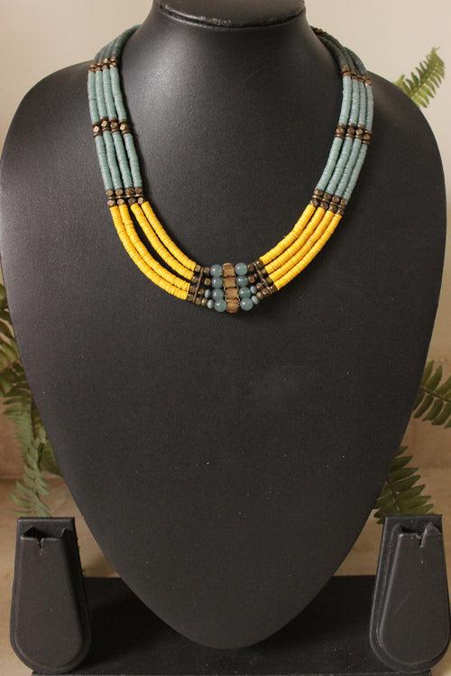 Yellow and Grey Braided Fabric Threads Necklace Embellished with Metal and Glass Beads