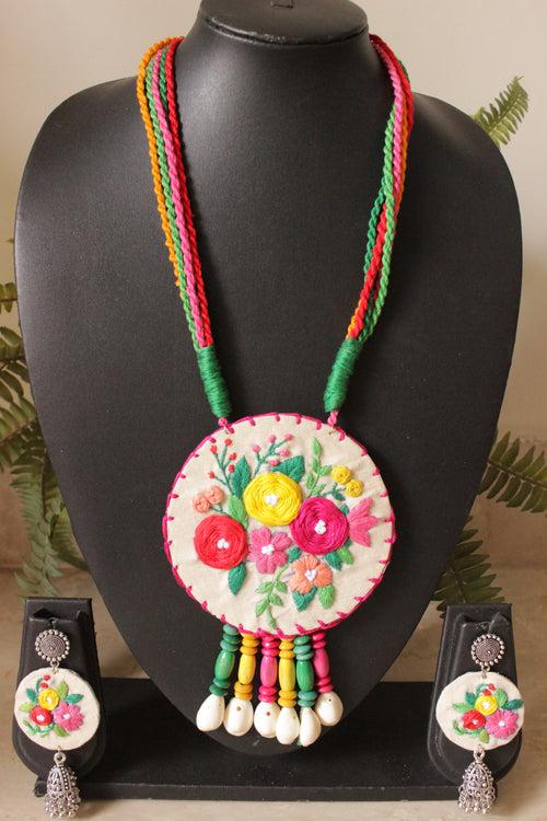 Hand Stitched Flowers Vibrant Handmade Fabric Necklace Set with Multi-Color Wooden Beads with Adjustable Closure