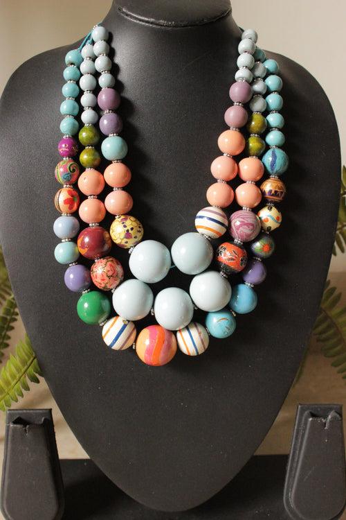 Multi-Color Printed Circular Acrylic Beads 3 Layer Necklace