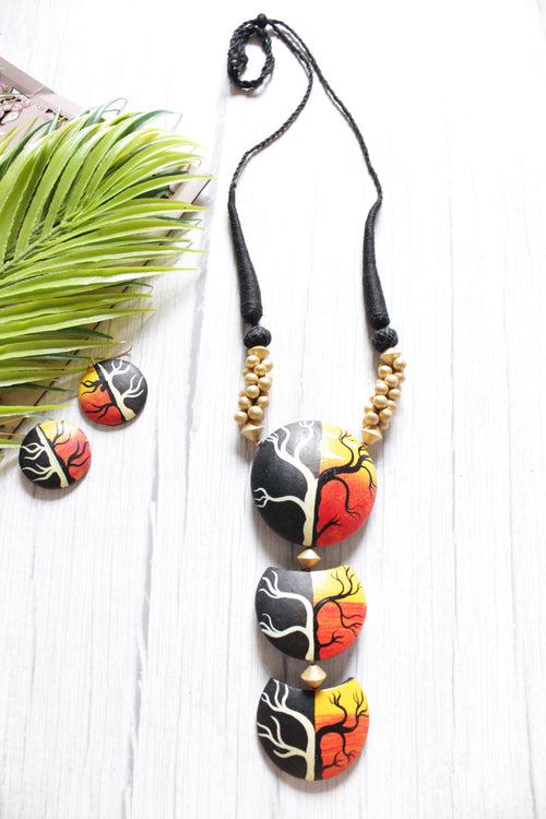 Sunrise & Sunset 3 Layer Terracotta Clay Pendant Tree Hand Painted Adjustable Closure Necklace Set