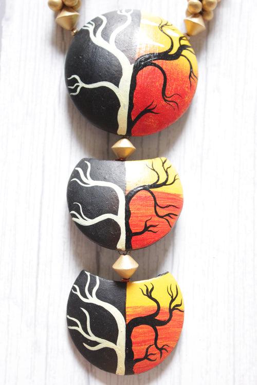 Sunrise & Sunset 3 Layer Terracotta Clay Pendant Tree Hand Painted Adjustable Closure Necklace Set