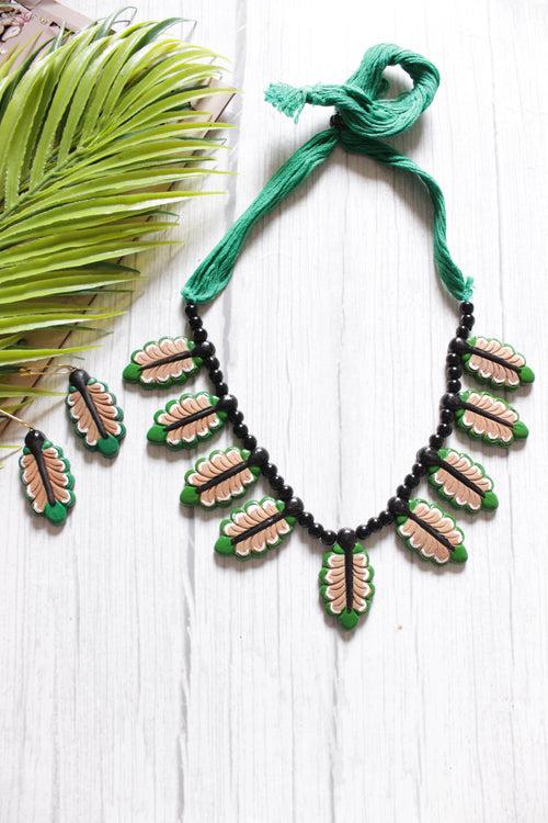 Leaf Shape Terracotta Clay Hand Painted Charms Adjustable Closure Choker Necklace Set