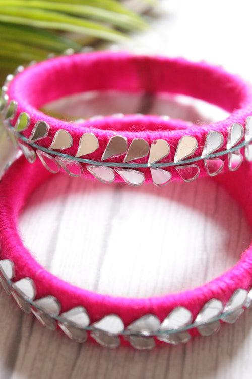 Pink Fabric Threads and Mirror Work Metal Bangles - Set of 2