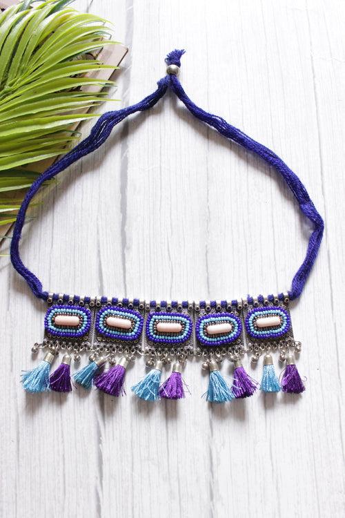 Violet and Blue Beads and Pom Poms Embellished Metal Choker Necklace