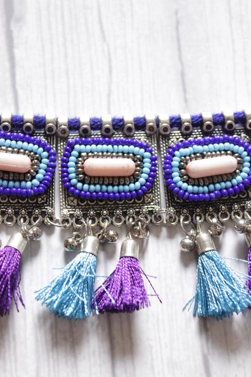 Violet and Blue Beads and Pom Poms Embellished Metal Choker Necklace