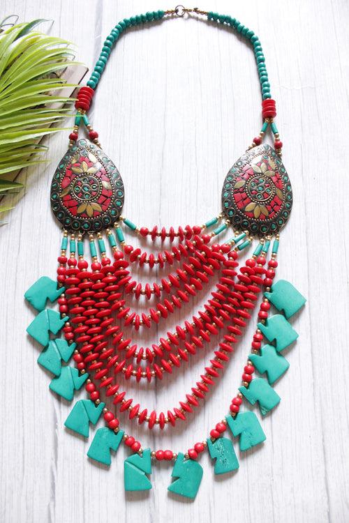 Red and Turquoise Bone Beads Handcrafted Multi-Layer African and Tibetan Tribal Necklace