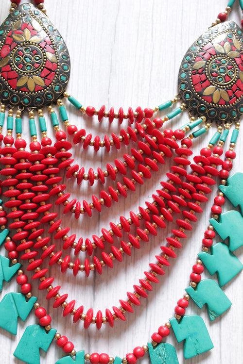 Red and Turquoise Bone Beads Handcrafted Multi-Layer African and Tibetan Tribal Necklace