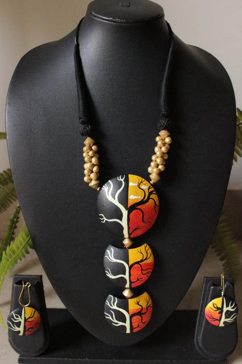 Sunrise & Sunset 3 Layer Terracotta Clay Pendant Tree Hand Painted Adjustable Closure Necklace Set