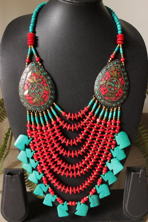 Red and Turquoise Bone Beads Handcrafted Multi-Layer African and Tibetan Tribal Necklace