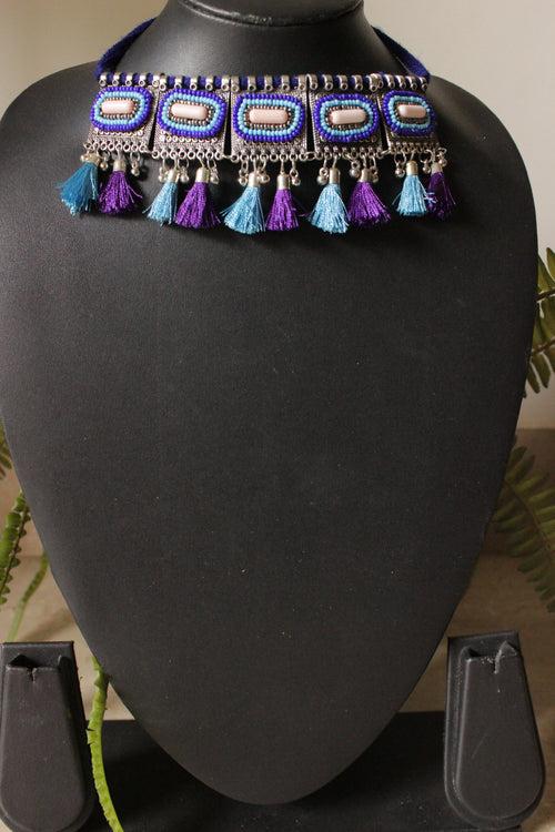 Violet and Blue Beads and Pom Poms Embellished Metal Choker Necklace