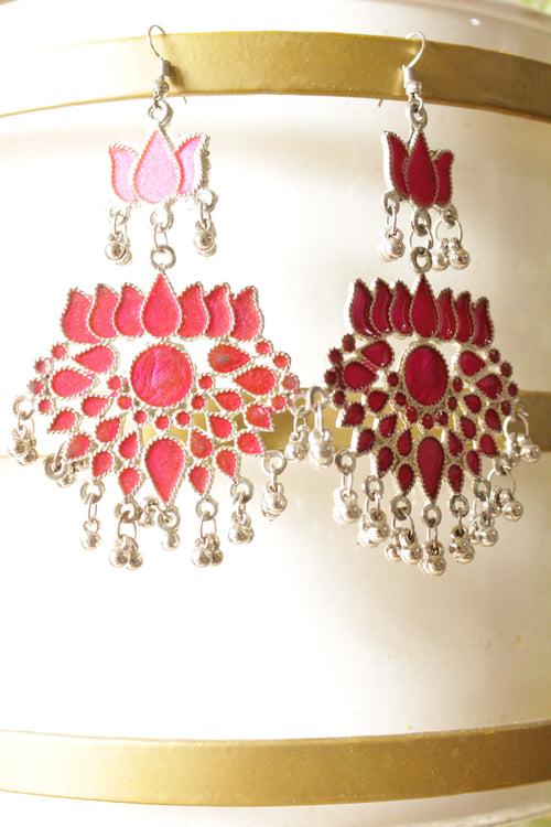 Red Acrylic Painted Lotus Shaped Metal Dangler Earrings