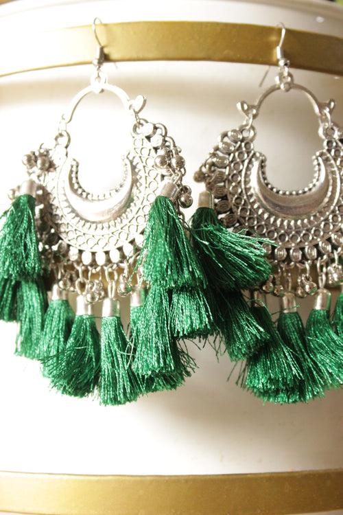 Green Pom Poms Embellished Crescent Moon Shape Metal Earrings