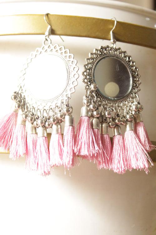 Pink Pom Poms Embellished Mirror Work Metal Earrings