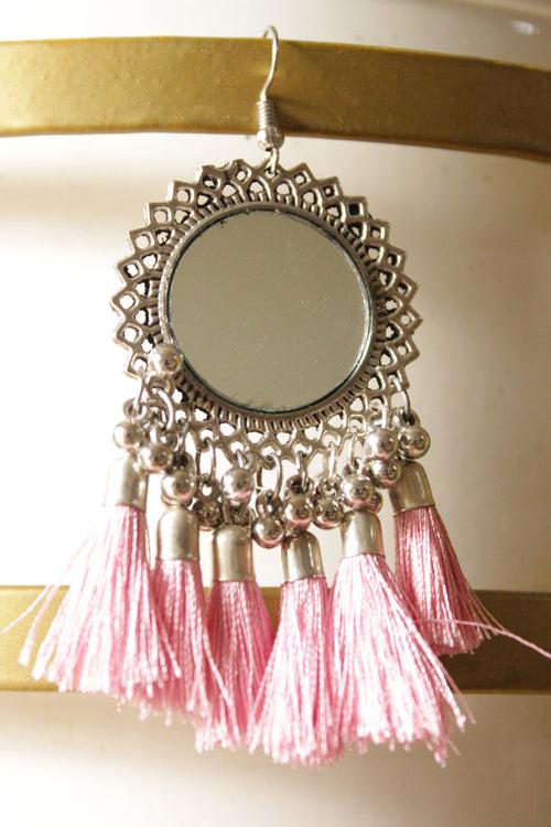 Pink Pom Poms Embellished Mirror Work Metal Earrings