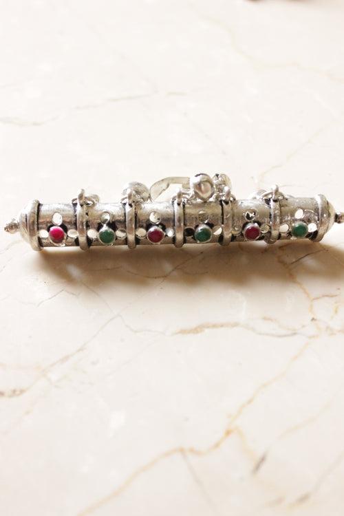 Red and Green Stones Embedded Oxidised Finish Adjustable Tribal Ring