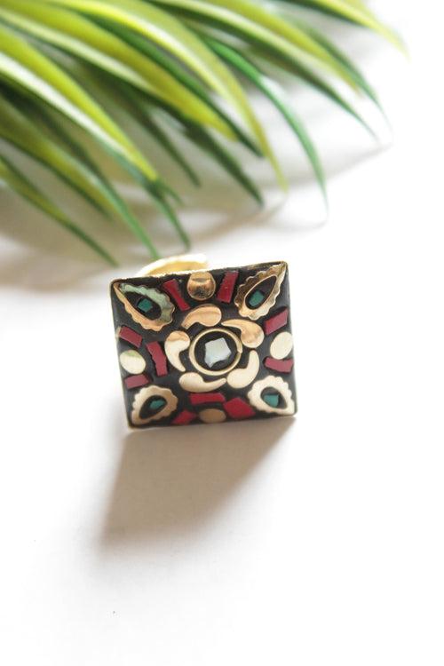 Black with Gold and Red Tibetan Adjustable Ring