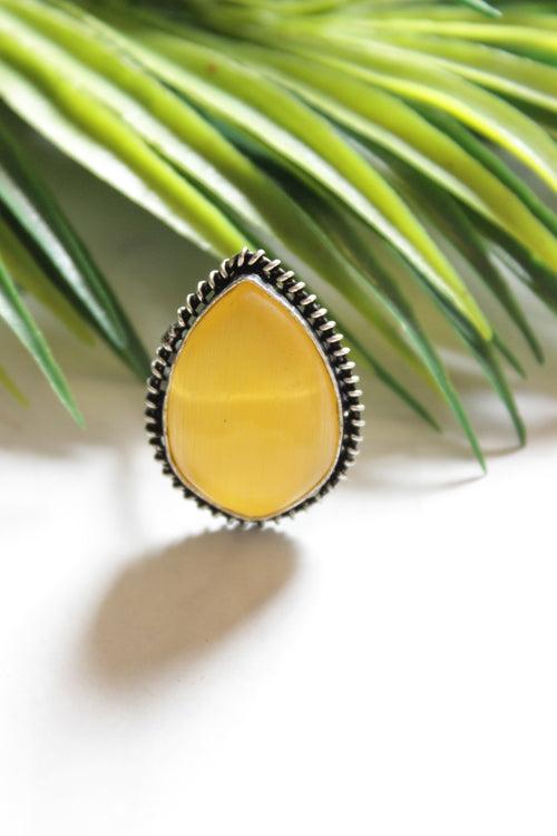 Yellow Center Stone Tear Drop Shape Oxidised Finish Ring