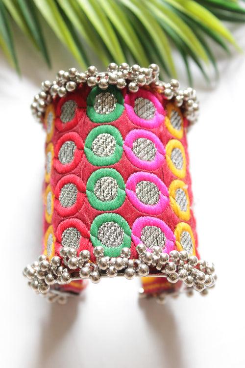 Hand Embroidered Fabric and Ghungroo Adjustable Metal Bracelet