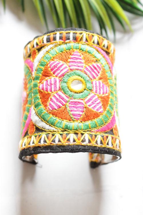 Hand Embroidered Fabric Adjustable Metal Bracelet