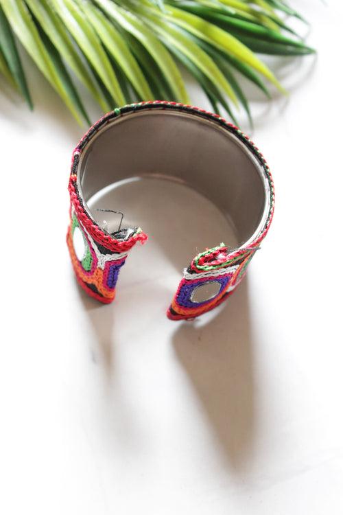 Hand Embroidered Fabric and Mirror Adjustable Metal Bracelet