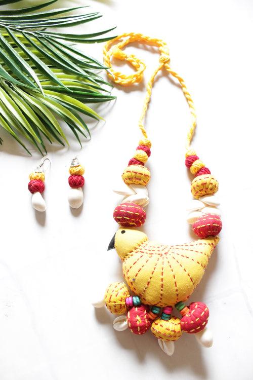 Kantha Embroidered Yellow and Red Fabric and Shells Handmade Necklace