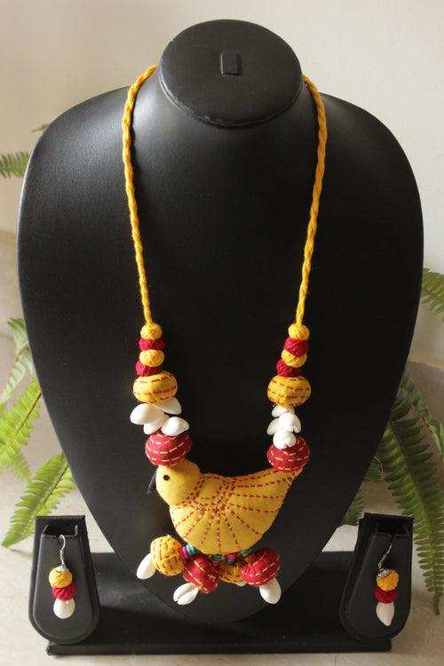 Kantha Embroidered Yellow and Red Fabric and Shells Handmade Necklace