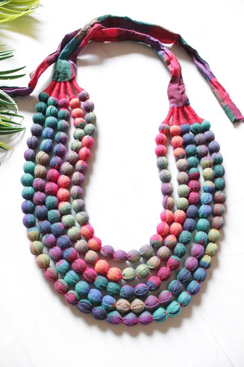 5 layer Shades of Pink and Blue Fabric Beads Handmade Necklace