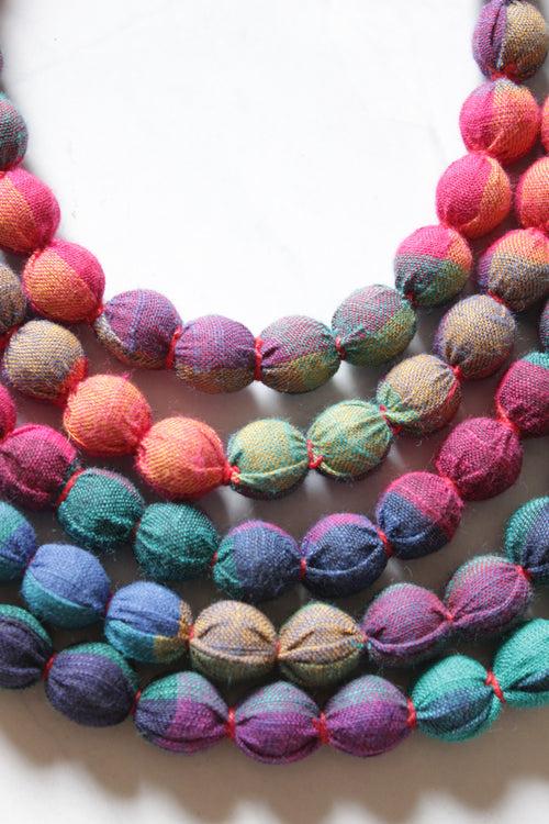 5 layer Shades of Pink and Blue Fabric Beads Handmade Necklace