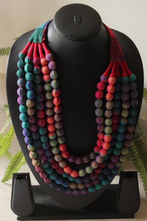 5 layer Shades of Pink and Blue Fabric Beads Handmade Necklace